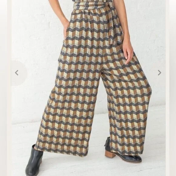 Ace & Jig Jumpsuit Metallic Jacquard Wide Leg Gold Belted Sleeveless Size L - Picture 10 of 14